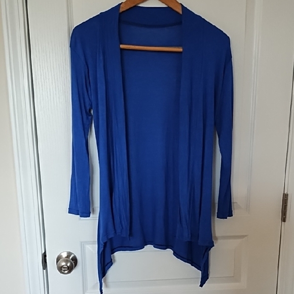 None Sweaters - Cobalt Blue Draped Open Front Cardigan Asymmetrical Hem Lightweight Knit XS S